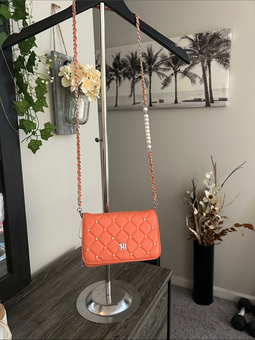 Coral Quilted Crossbody Bag with Pearl-Accented Chain